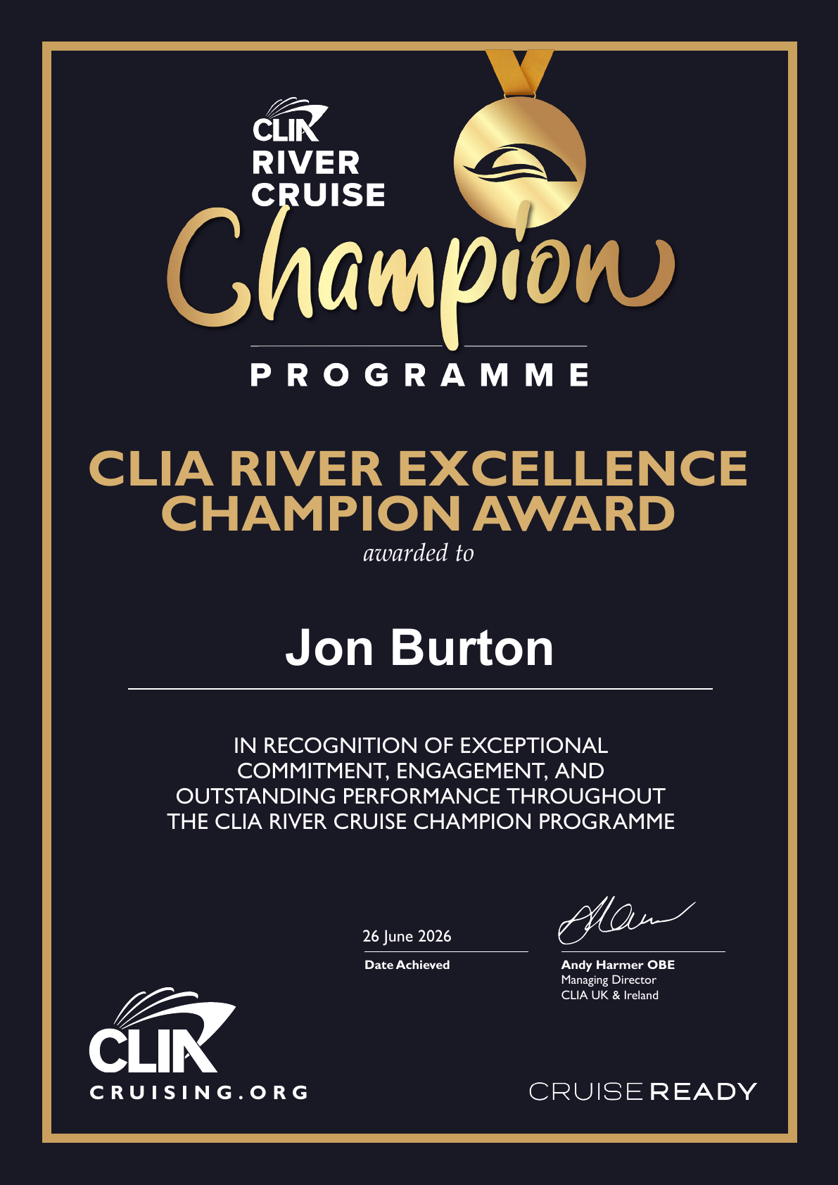 CLIA River Cruise Excellence Champion Award certificate for Jon Burton