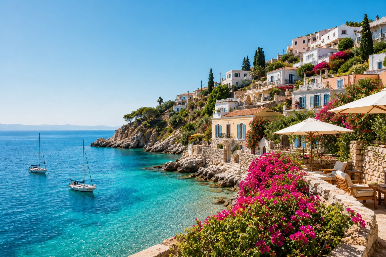 A sunlit Mediterranean cove with turquoise water, sailing boats and colourful coastal flowers